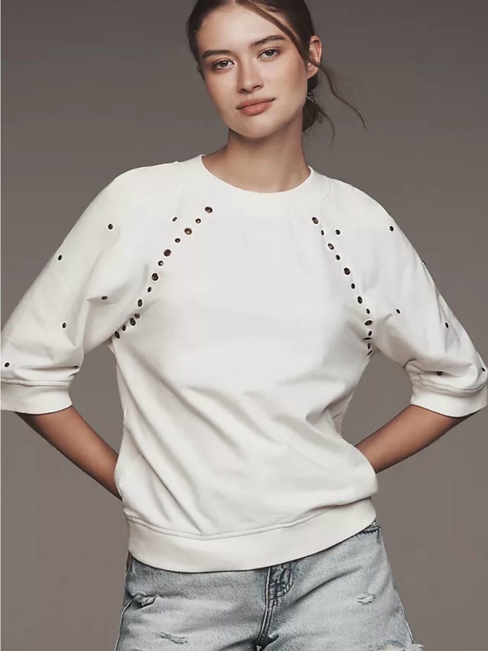 Anthropologie White Eyelet Short-Sleeve Sweatshirt 100% Cotton Size S